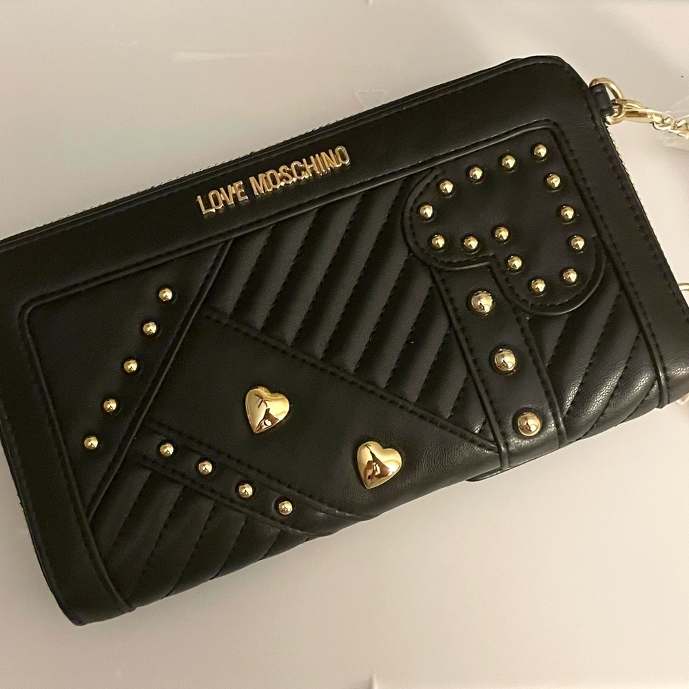 Love Moschino Logo Gold Heart Zip Around Studded Wallet / Crossbody